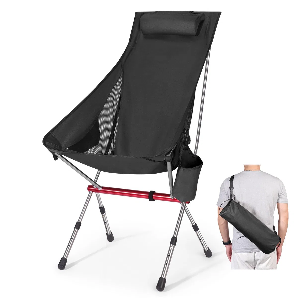 OKYUK Nuova sedia da campeggio pieghevole con schienale alto, tre altezze regolabili, borsa da trasporto leggera e custodia per tazza,Ideale per escursioni, relax in spiaggia e pesca (Nero)