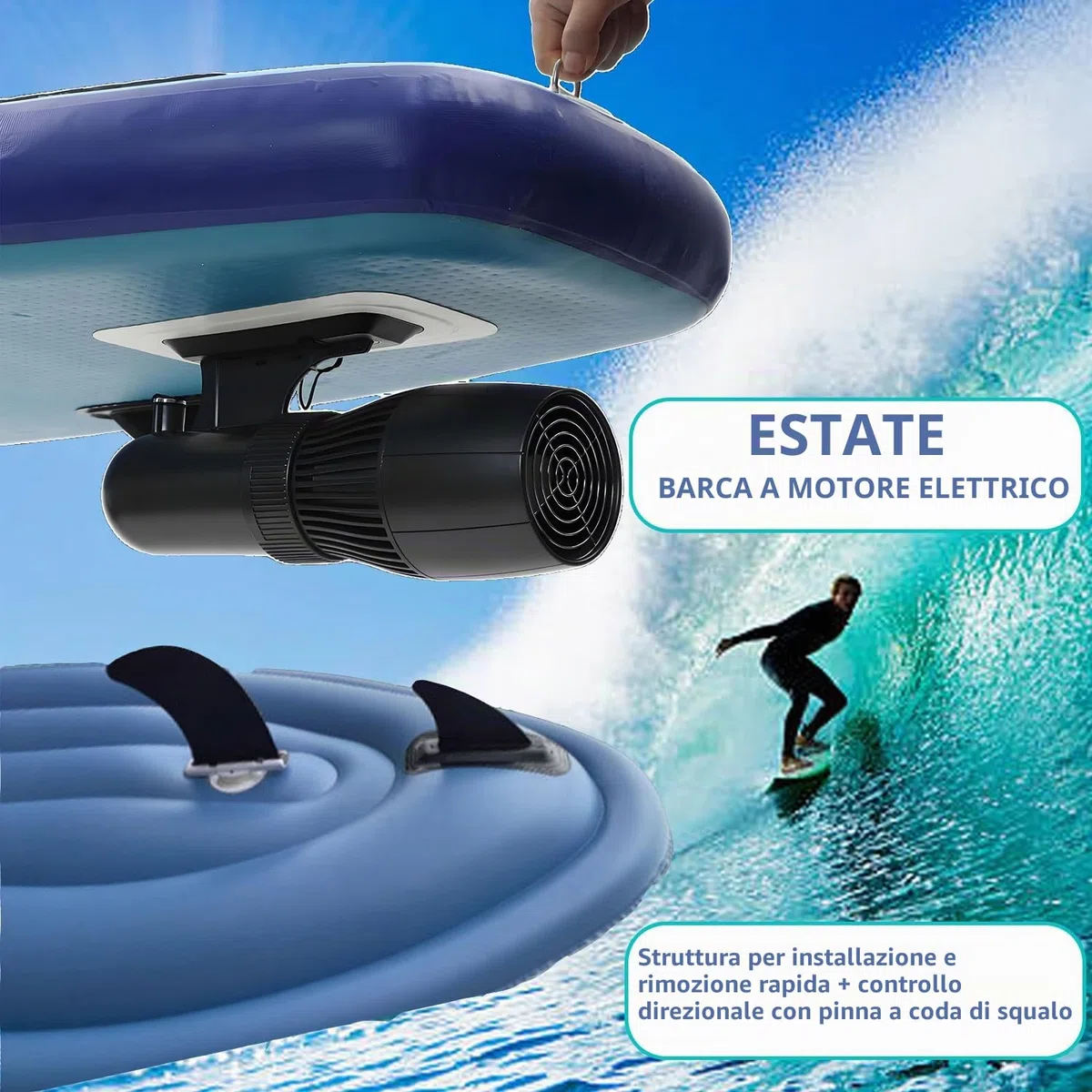 Motoscafo Elettrico Gonfiabile ad Acqua per 1-3 Persone, Jet Ski Barca Gonfiabile con propulsore subacqueo Staccabile, 10000 mAh/16000 mAh (Opzionale), capacità di 330 libbre.,500W10A