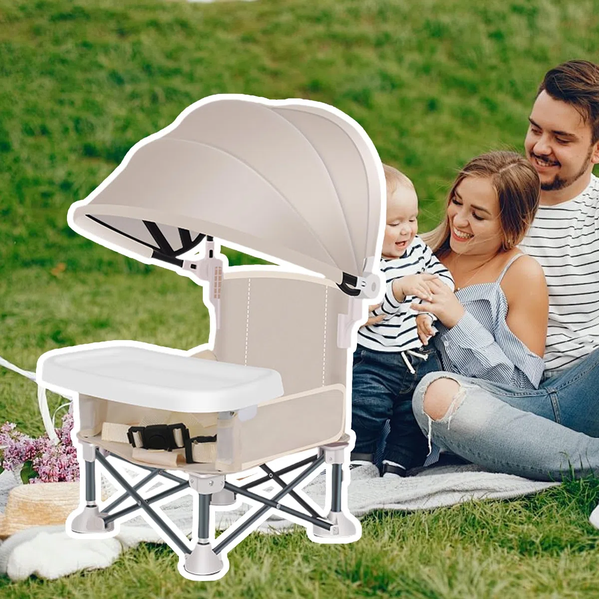 Seggiolino portatile da viaggio per bambini, con vassoio per mangiare, pieghevole, con tettuccio parasole, per casa, picnic, viaggi, prato, campeggio, spiaggia