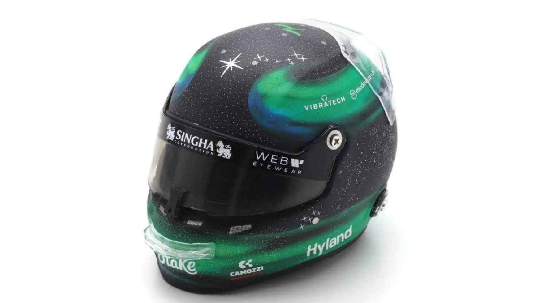 Spark Stake F1 Team Kick Sauber, Valtteri Bottas, mini casco in scala 1/5, 2024, modelli Stilo Helmets, nero, verde