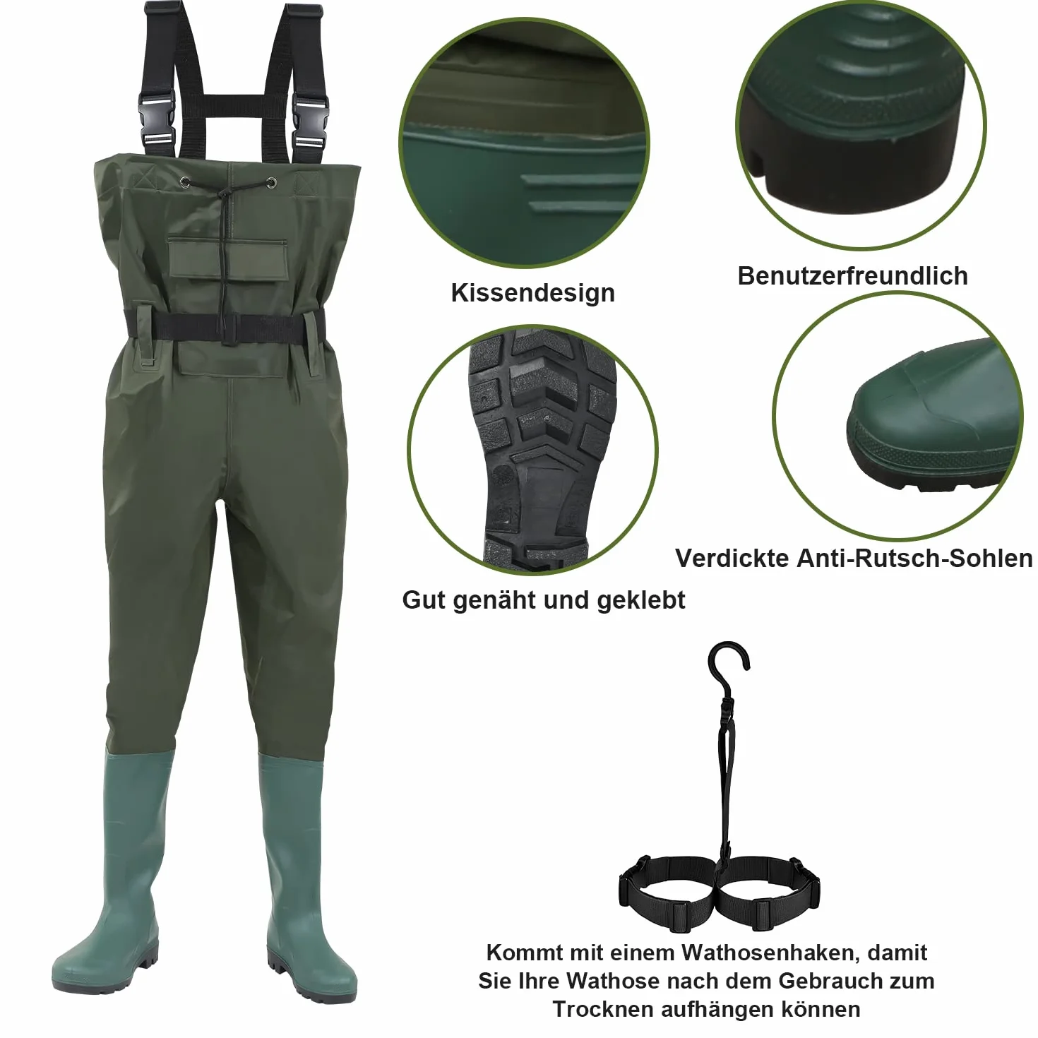waders, waders impermeabili 70D nylon composito PVC pantaloni da pesca, con stivali in gomma antiscivolo, pantaloni da bacino, adatti per cantieri, pesca, fattorie