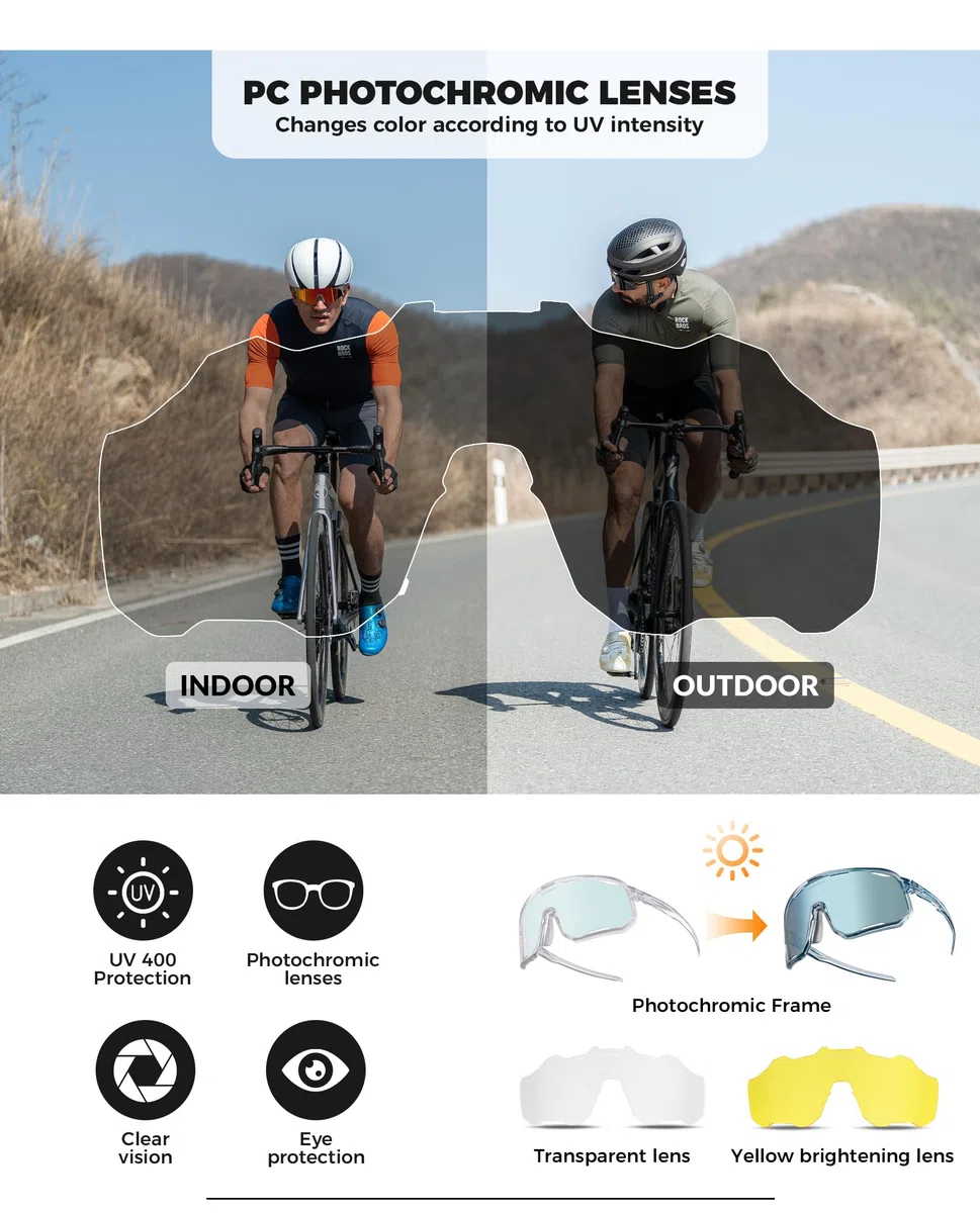 ROCKBROS Occhiali Fotocromatici da Sole Uomo Donna, Occhiali Sportivi Ciclismo con 3 o 5 Lenti Intercambiabili, Protezione UV400, Adatto per Bici MTB Corsa Pesca