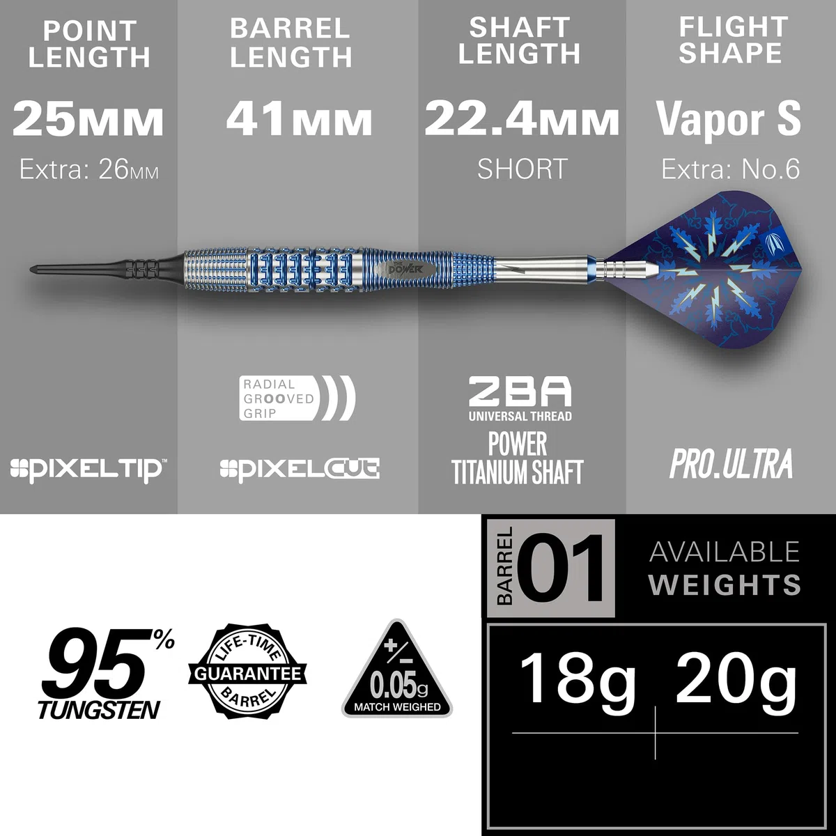 Target Darts Phil Taylor Punta Morbida Gx2 Set di Freccette, 18G/20G | Freccette al 95% in Tungsteno, Alette PRO Ultra N. 6/Vapor S e Aste in Titanio Power, Punti Pixel | Edizione Giocatore Power