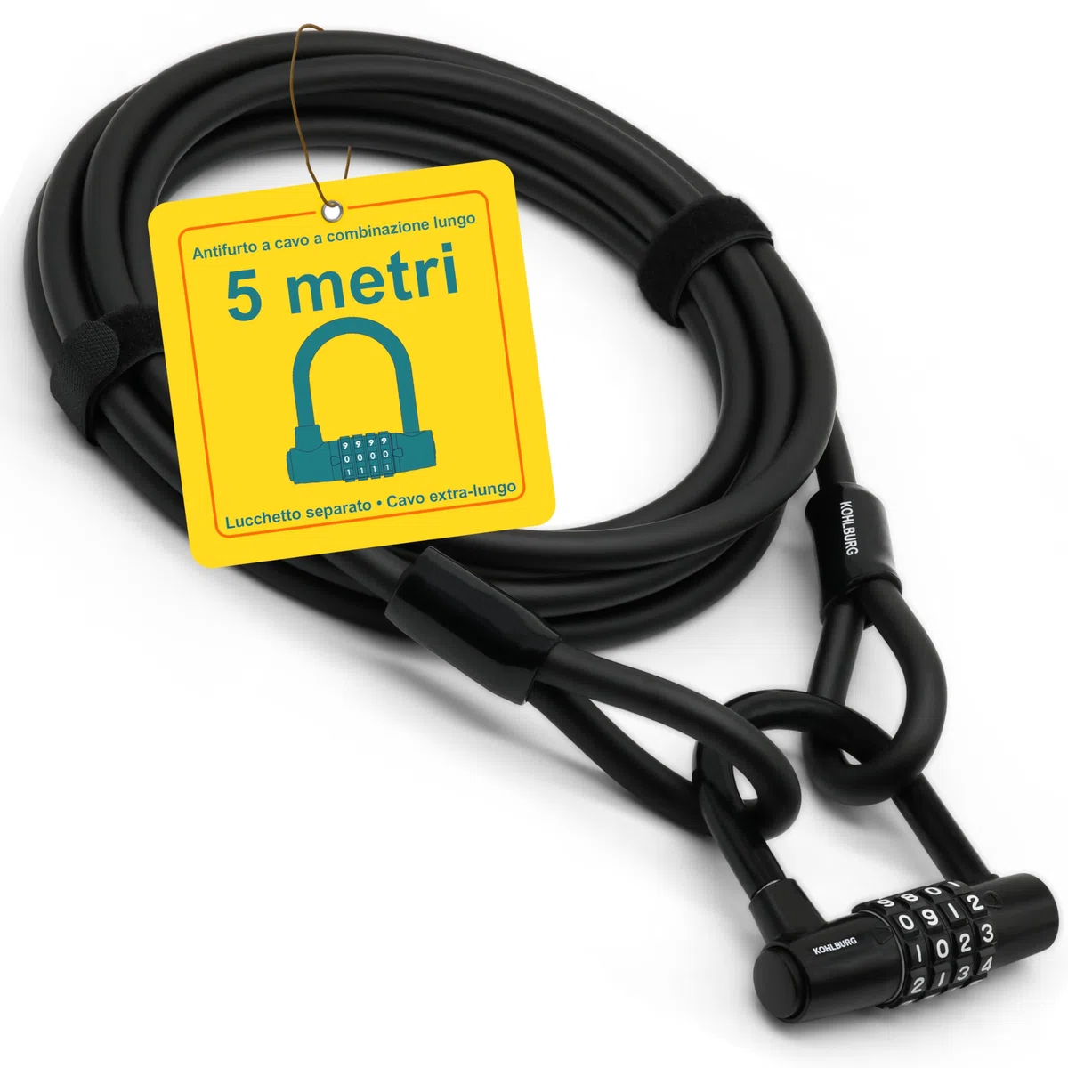 KOHLBURG Lucchetto a cavo 5 m con combinazione numerica – Antifurto in acciaio rivestito per bici, mobili da giardino, moto e barca Antifurto a cavo 5 metri