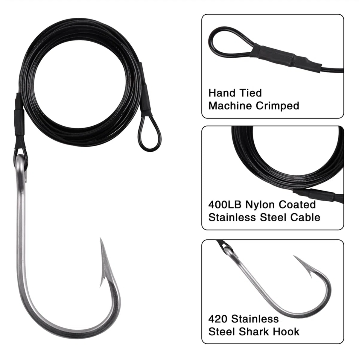 Ami da Pesca 6 Pz Shark Tonno Amo da Pesca in Acciaio Inossidabile Big Game Bait Hooks Nylon Coated Cable Wire Leader for la Pesca in Acqua Salata Amo da Pesca(5-0 6Pcs)