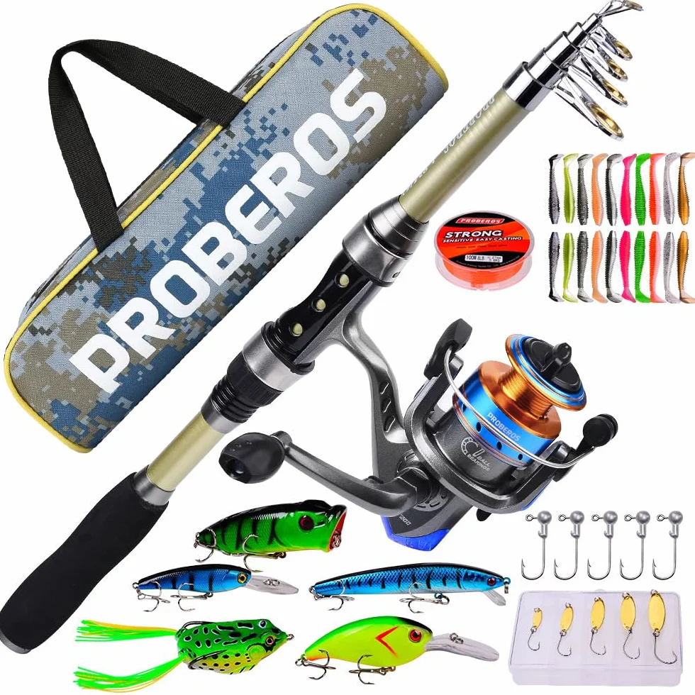 Set composto da canna da pesca telescopica e mulinello, con lenza, esche, borsa per il trasporto, canna da spinning e mulinello per acqua salata e d'acqua dolce