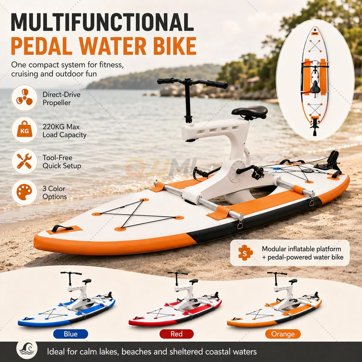 Bicicletta Acquatica Gonfiabile per Adulti | Bicicletta a Pedali con Guida a Basso Impatto/PVC Rinforzato | Pedalò Parco Acquatico per Acque, Spiaggia & Noleggio Commerciale Orange
