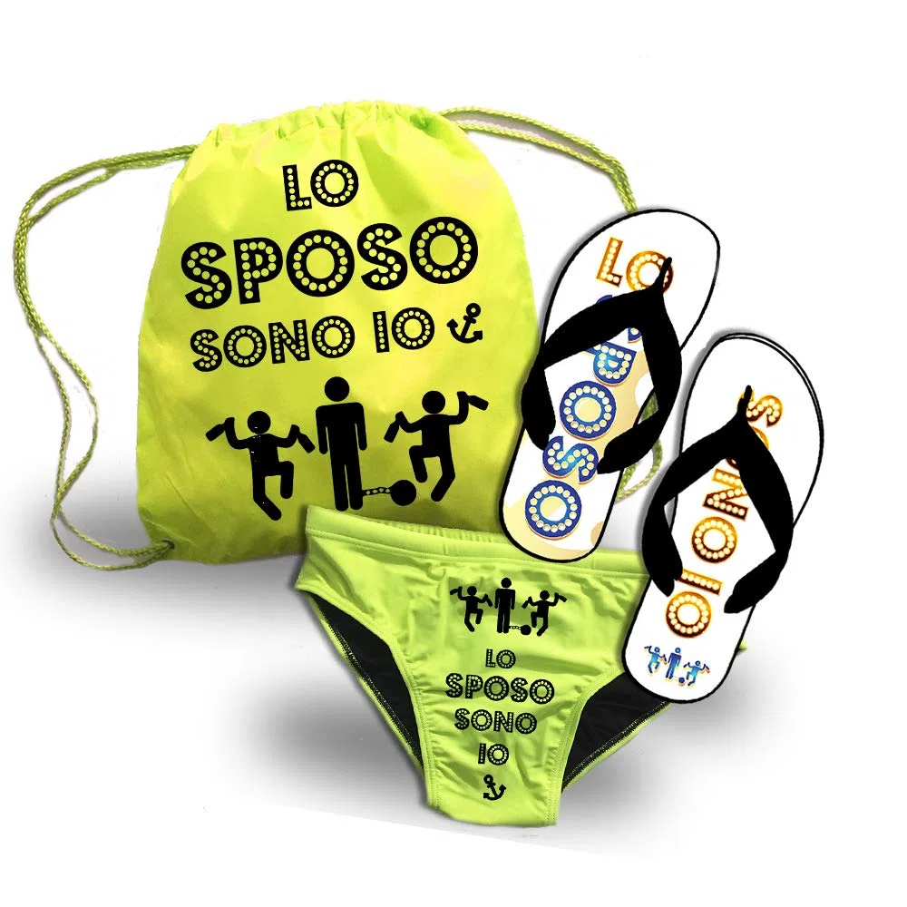 D&Vlab Kit Mare Sposo Addio al Celibato – Sacca Zaino, Ciabatte e Costume Uomo “LO SPOSO SONO IO” – Set Divertente Regalo Matrimonio Team Groom Spiaggia Estate Vacanza