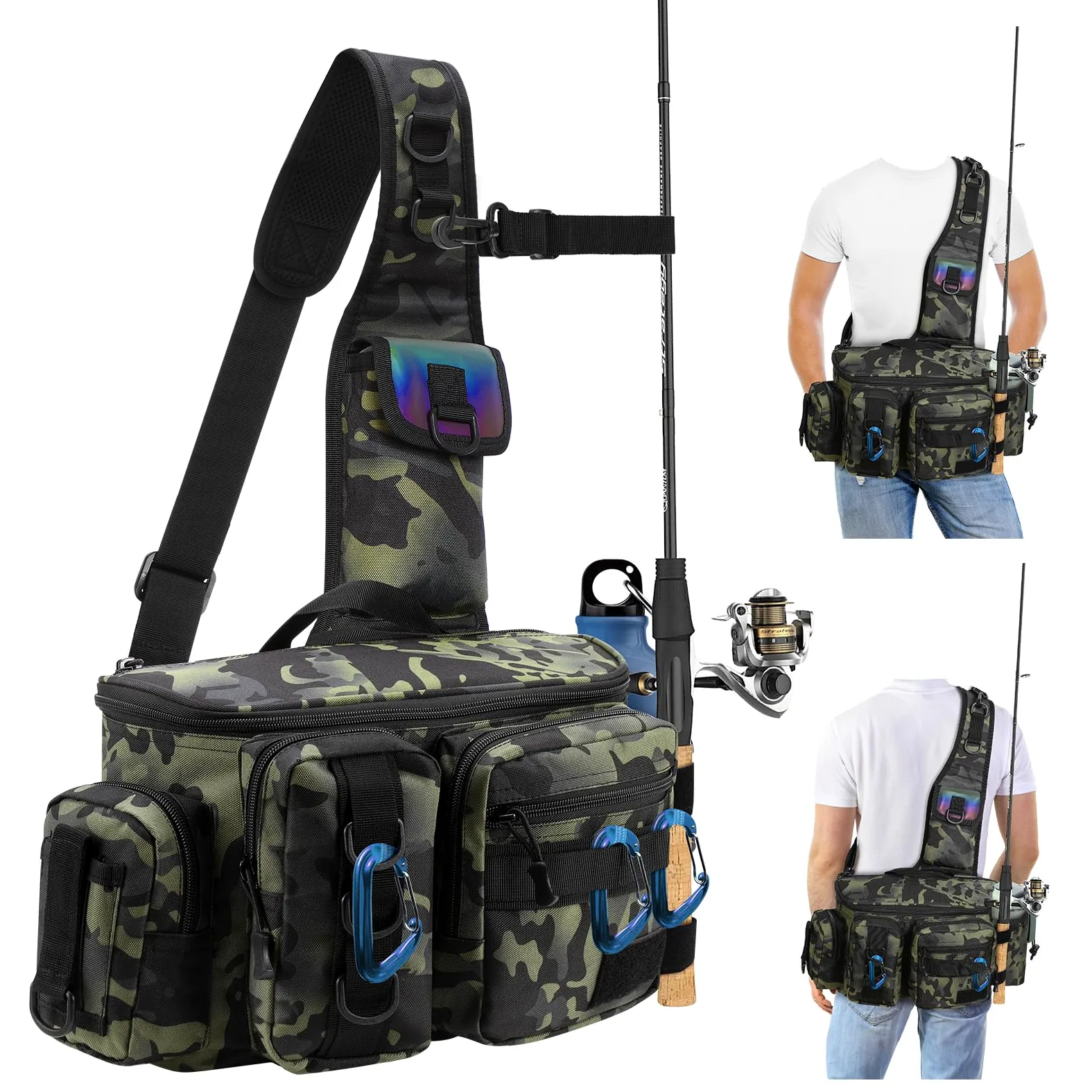 Borsa da Pesca Impermeabile Oxford Alta Capacità, Tracolla per Attrezzatura all'Aperto con Organizer per Canna e Attrezzi