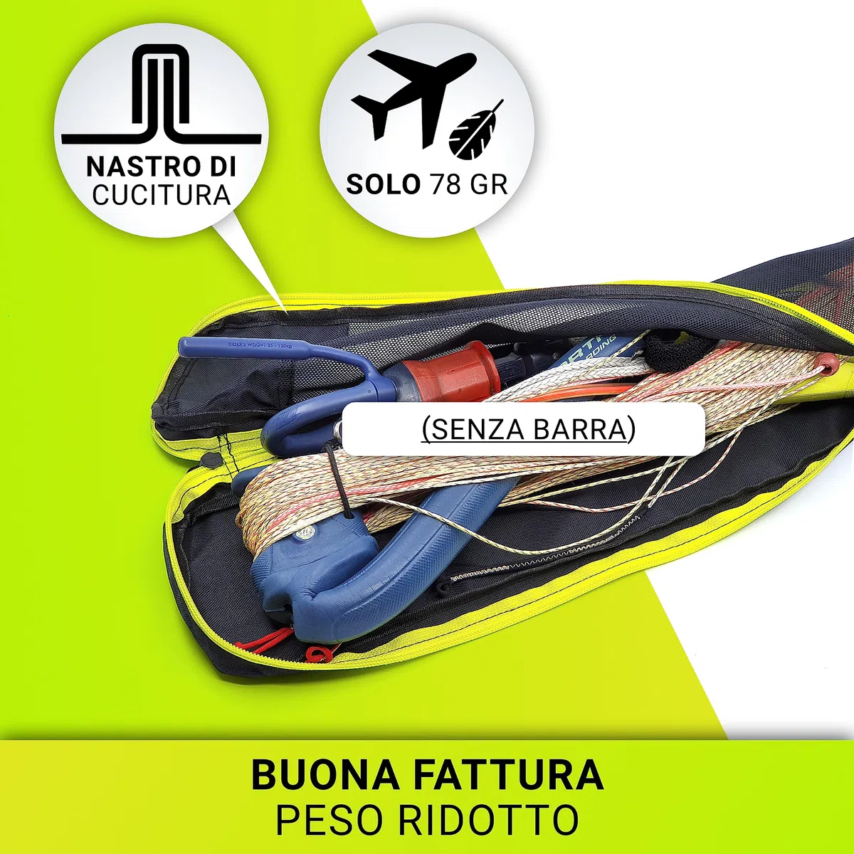 Borsa di protezione per barra kitesurf, con cerniera su entrambi i lati e inserto in rete traspirante, pratica maniglia a fettuccia e passante per appenderla. Kite control bar bag, 60x12x4,5cm