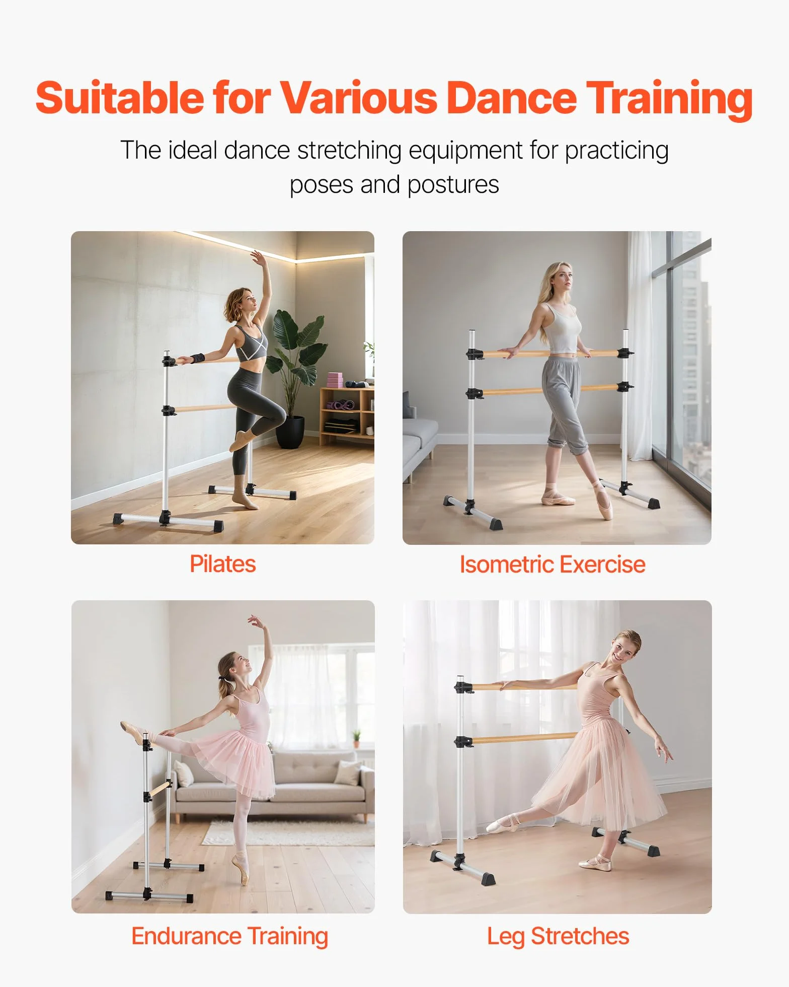 VEVOR Sbarra da Danza Classica, Doppia Sbarra in Legno di Faggio, Stretching e Danza Classica Portatile e Indipendente, Attrezzatura da Palestra e Regolabile in Altezza, per Allenamento di Pilates
