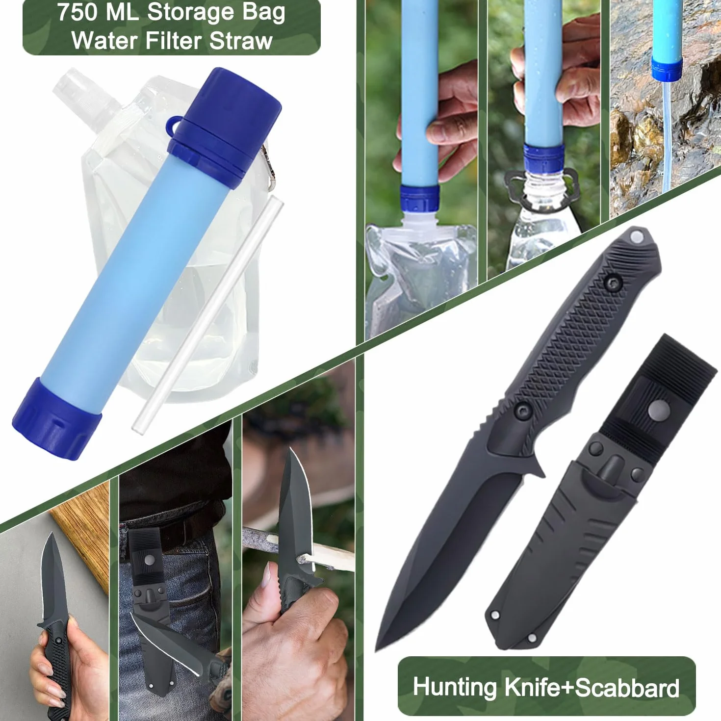 Kit di sopravvivenza 22 in 1, kit di emergenza per esterni, attrezzatura di sopravvivenza per esterni con filtro per acqua, sacca d'acqua per campeggio, avventura, escursionismo (Nero)