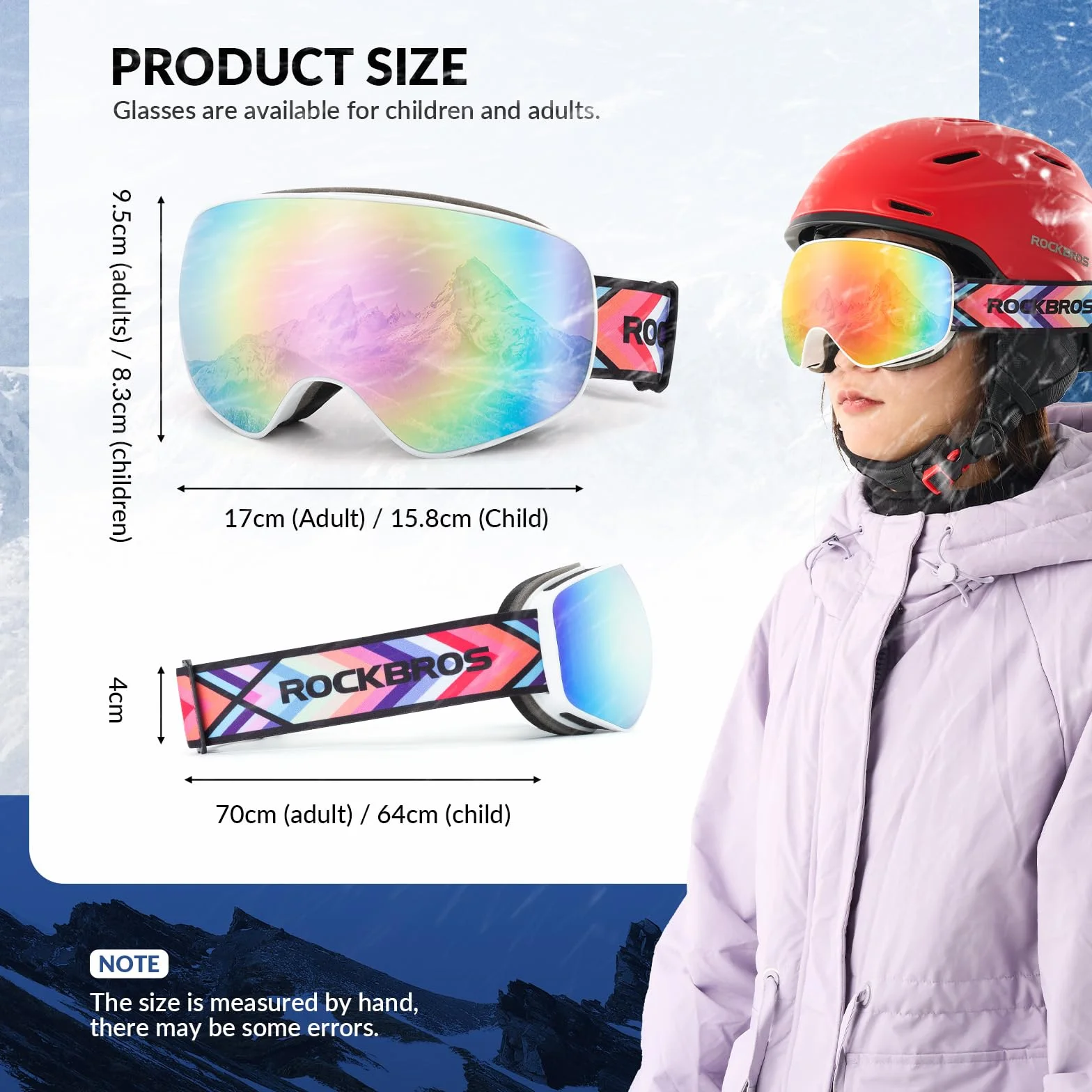 ROCKBROS Maschera da Sci Adulto e Bambini, Ski Goggles per Sci Snowboard, Occhiali per Sciare, Anti-UV, Antiappannamento Antivento, Lenti rivestite, Uomo Donna
