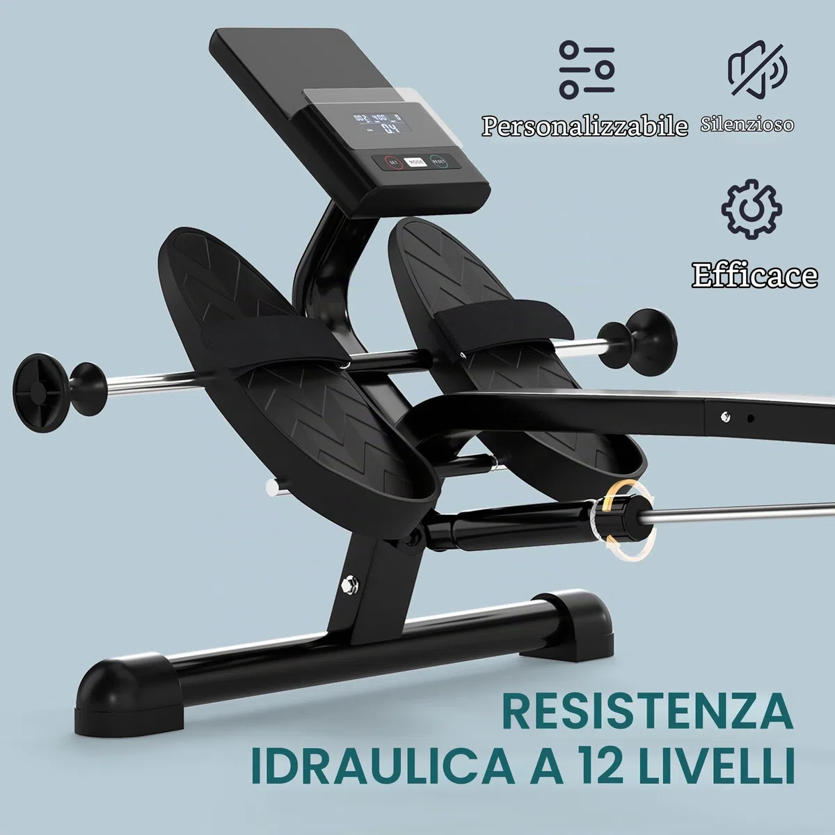 SPORTNOW Vogatore idraulico con 12 livelli di resistenza Vogatore con schermo LCD e pedale antiscivolo, portata massima 130KG, allenamento cardio a casa, nero