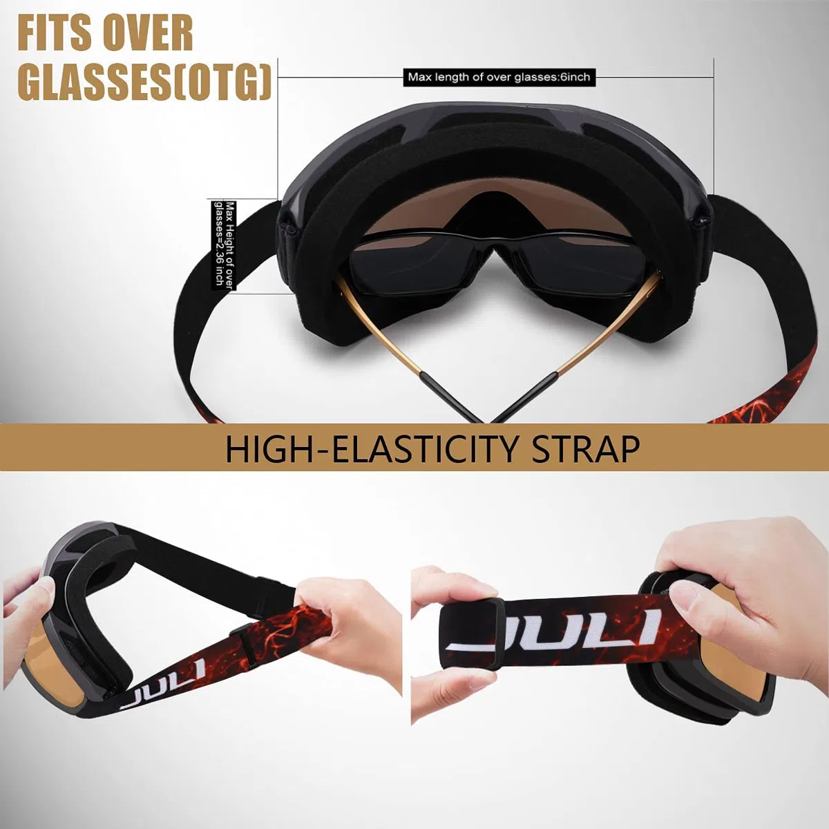 JULI - Occhiali da sci e snowboard per uomini, donne e giovani, protezione 100% UV e anti-appannamento, doppia lente (montatura nera + lente rossa VLT 13%)