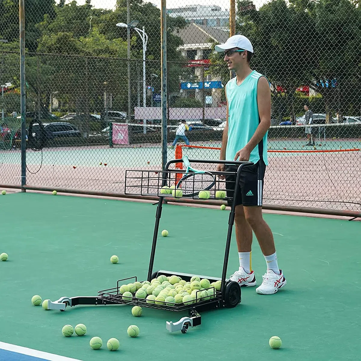Carrello per la raccolta di palline da tennis, carrello per l'allenamento con raccolta facile di palline, carrello per l'insegnamento, raccoglie 80 palline alla volta, può contenere fino a 170 palli