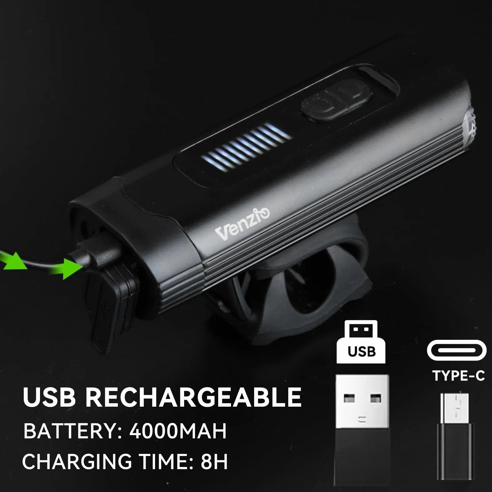 Venzio Fanale anteriore da 1000 lumen, ricaricabile USB-C, a LED, con batteria da 4800 mAh, impermeabile IPX4, 8 modalità, luce multifunzione per guida notturna, strada, montagna e uso pendolari