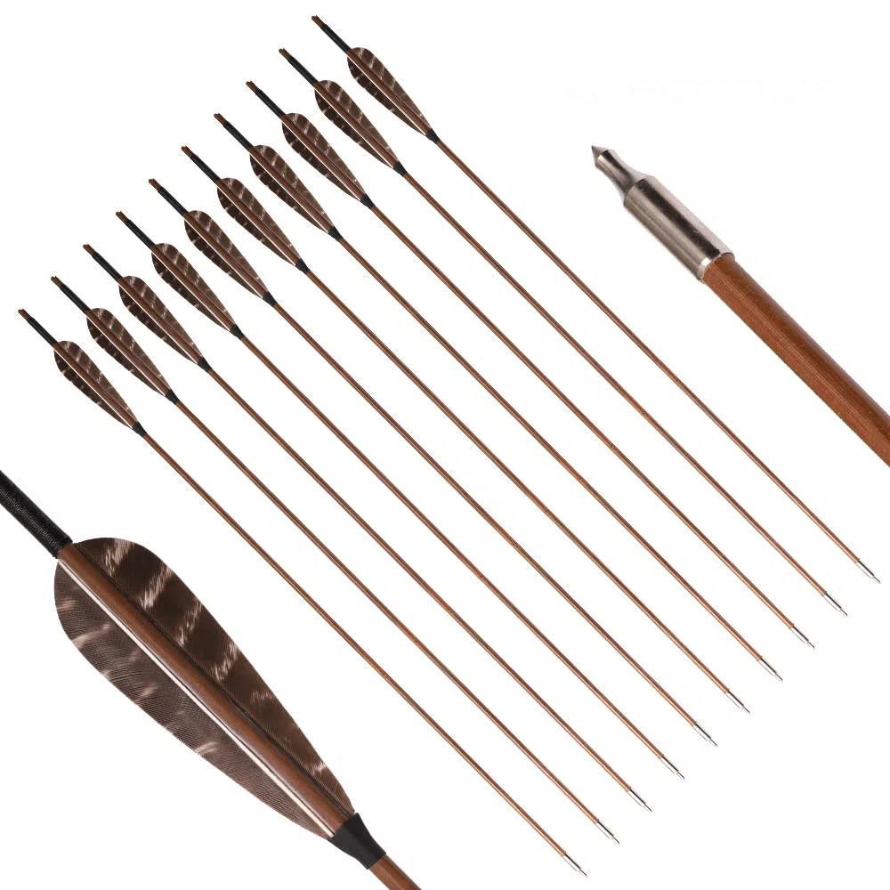 12 pz Frecce di bambù 33” Lunghezza Albero OD 7mm 8mm 5" Piuma di Tacchino Freccia de 2 Vane per Arco Ricurvo Tradizionale Arco Lungo Caccia Pratica di Tiro con L'Arco