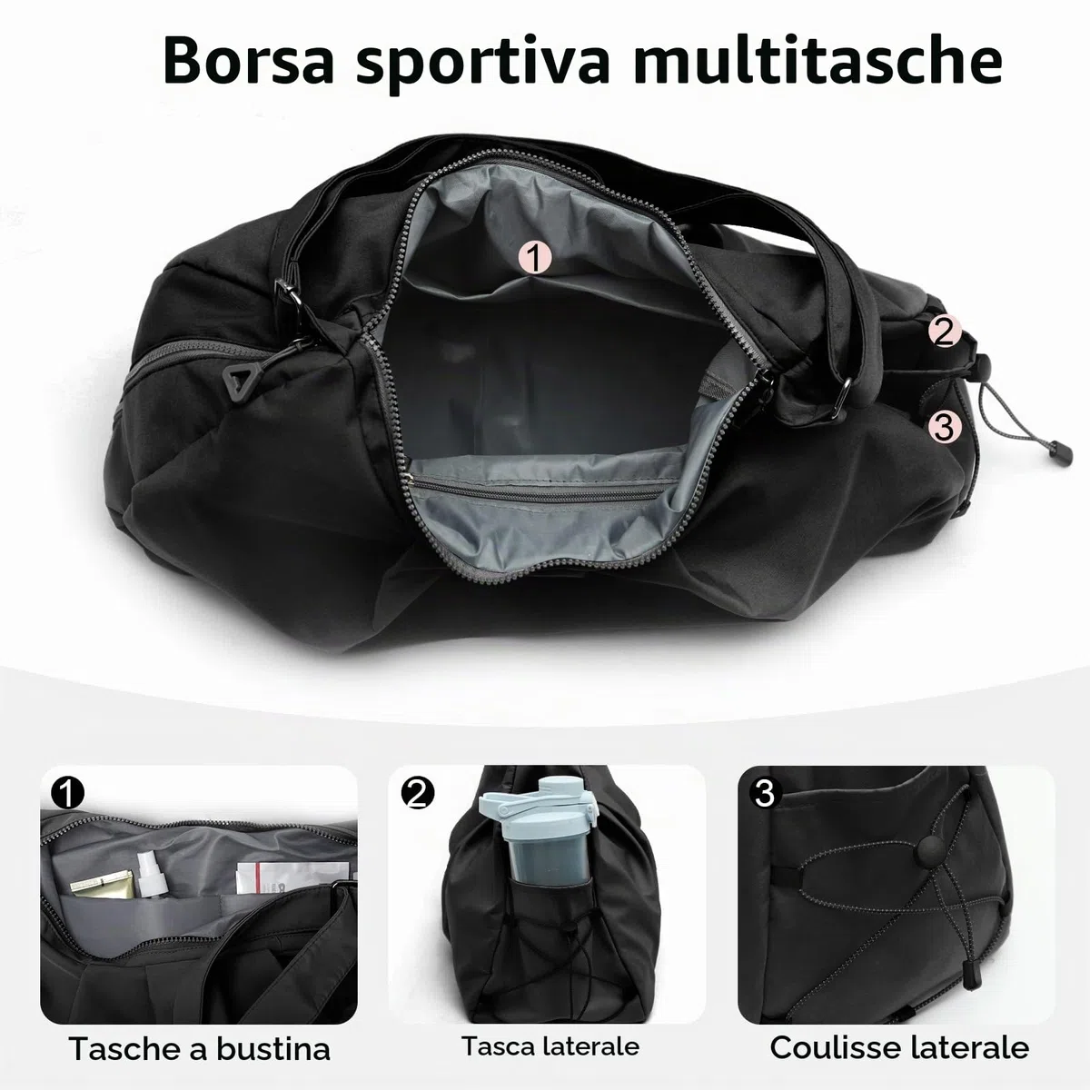 Borsa Palestra Donna con Diseño Plisado Piccola, Elegante Borsa Sportivo con Scomparto per Scarpe, Borsone Piscina con Tasca Bagnata, Gym Duffel Bag per Fitness Viaggio, Nero