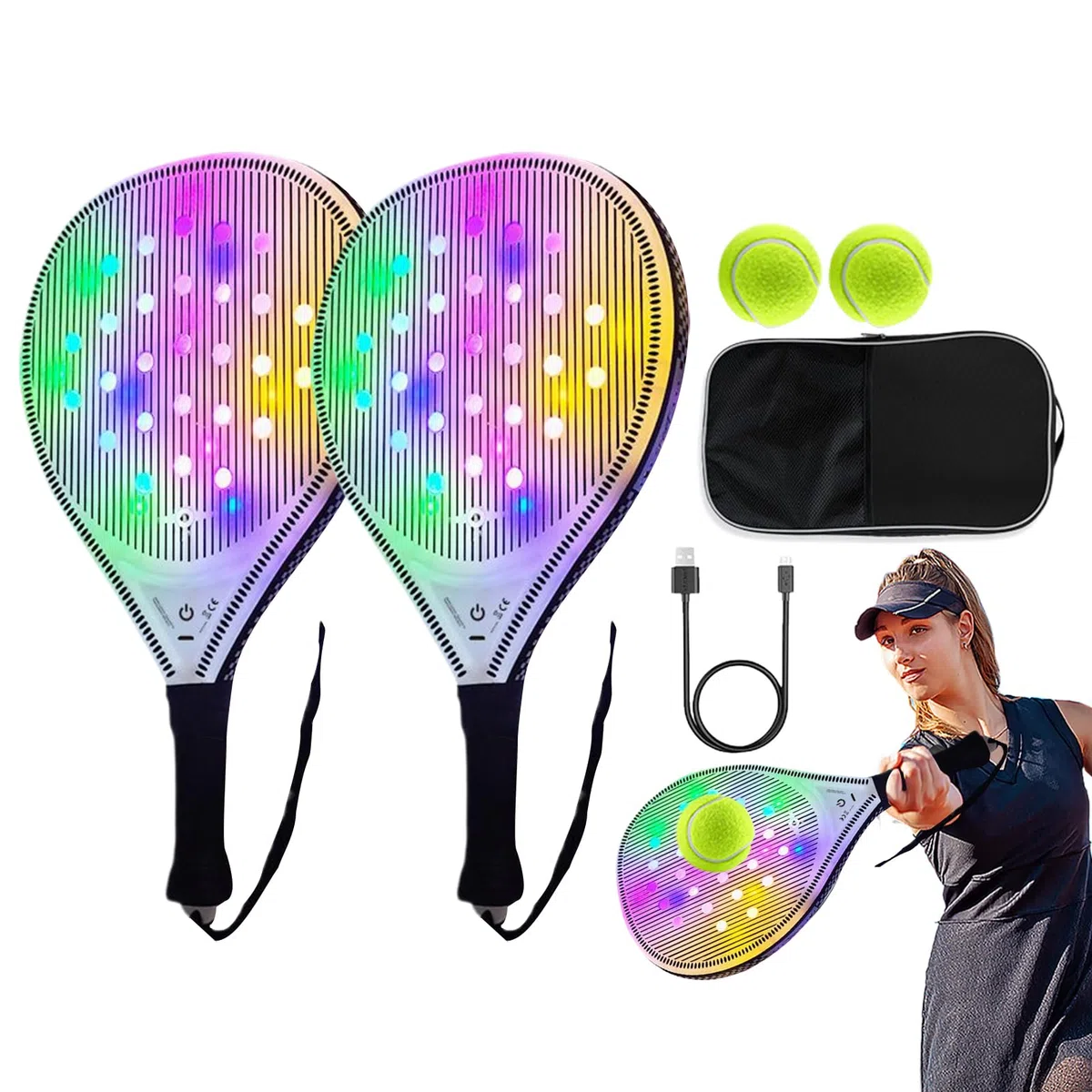 Racchetta da Tennis per Donne Set Di Pagaia Da Spiaggia Luminosa USB | Con 2 Palline Per Adulti E Bambini Per Sport All'Aperto E Allenamento Quotidiano