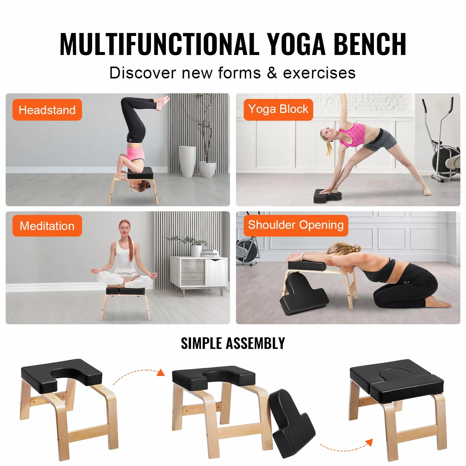 VEVOR Panca per Verticale Yoga Capacità di 136 kg Sedia da Yoga per Inversione per Palestra di Famiglia, Struttura in Legno, Cuscinetto in PU, per Allenamento di Forza Equilibrio, Allevia Fatica, Nero