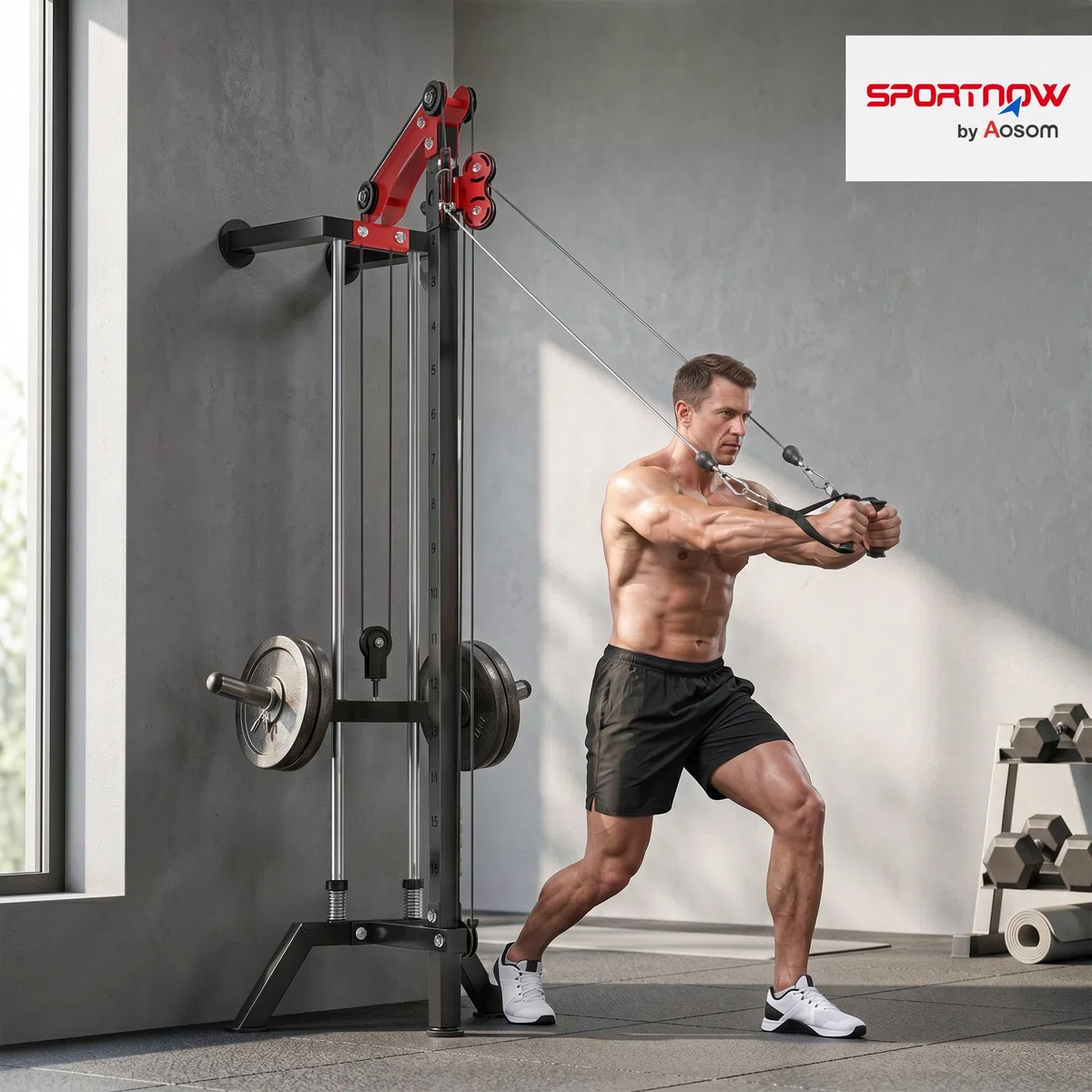 SPORTNOW Lat Machine da Parete con Pulegge Regolabili a 16 Livelli, Stazione a Cavi con Pulldown, Maniglia e Carico Pesi Regolabile, in Acciaio, per Allenamento Fitness Casa Palestra Multifunzione