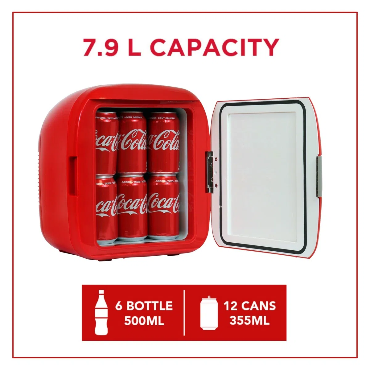 Coca Cola Mini Frigo da Camera 7,9L Frigorifero Piccolo 12 Lattine Portatile Raffreddatore e Scaldino Bottiglie di Coke Mini Frigorifero per Bevande Auto Campeggio Viaggio Ufficio Scrivania