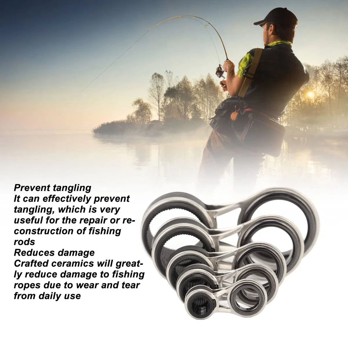 Set di 55 anelli per canna da pesca, in acciaio inox e ceramica, 9 diverse misure, guide per canna da pesca
