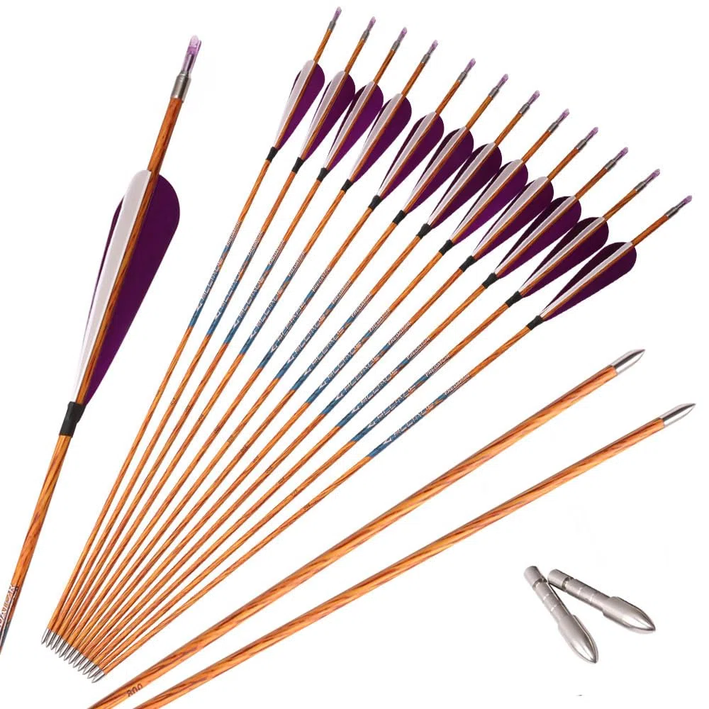 12 Pezzi Viola Bianco Piuma Frecce da Caccia Spine 500 600 700 800 900 1000 Simile al Legno Freccia con Albero in Carbonio ID 4,2 mm per Caccia Pratica Tiro con L'Arco