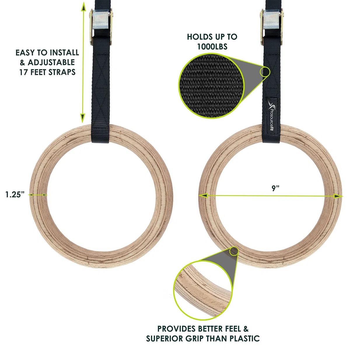 ProsourceFit Anelli da ginnastica in legno con cinghie per il condizionamento totale del corpo a casa o in palestra
