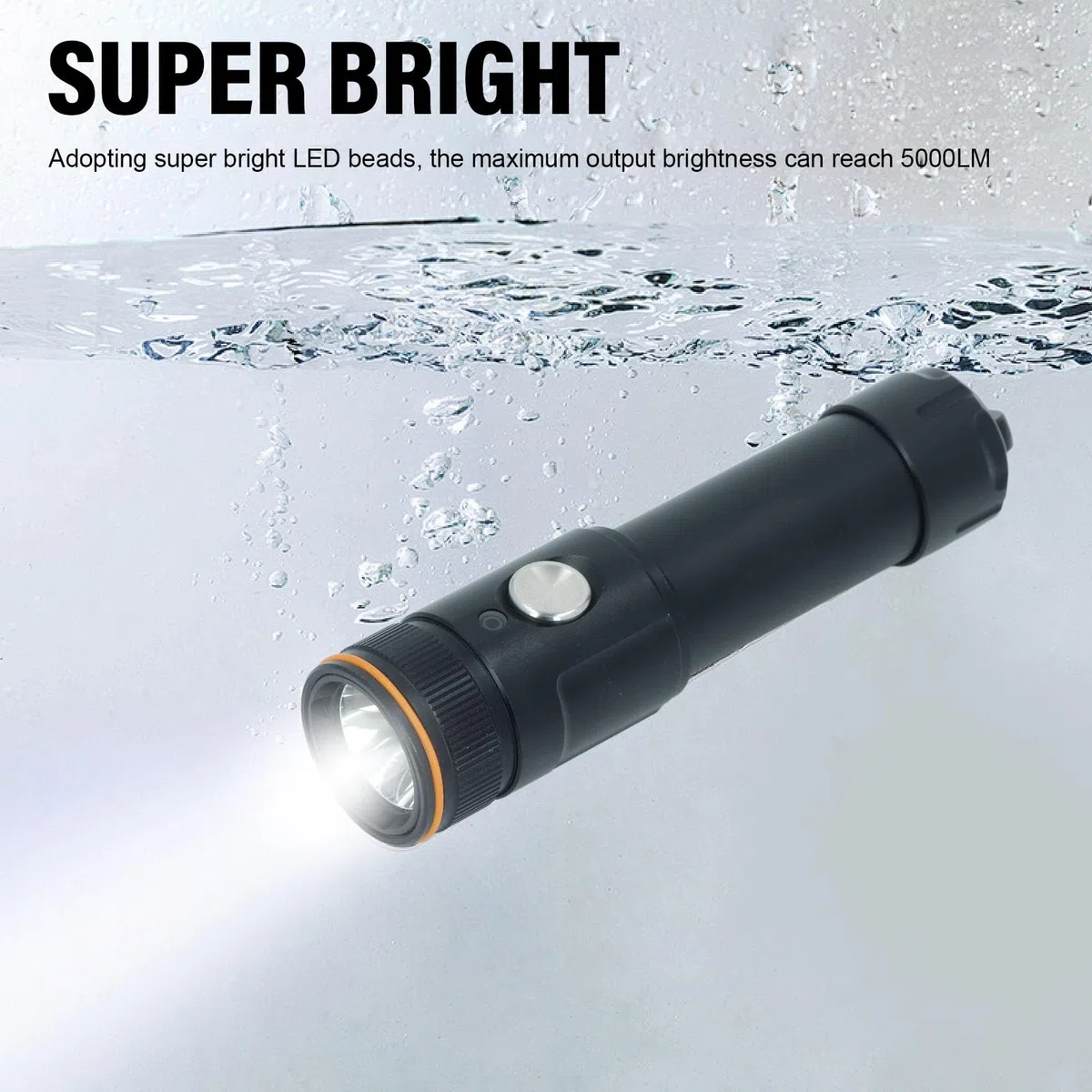 Torcia per Immersioni Subacquee, Torcia Subacquea Ricaricabile Super Luminosa Impermeabile IP68 con Indicatore di Carica, 6 Modalità, per Immersioni, Snorkeling