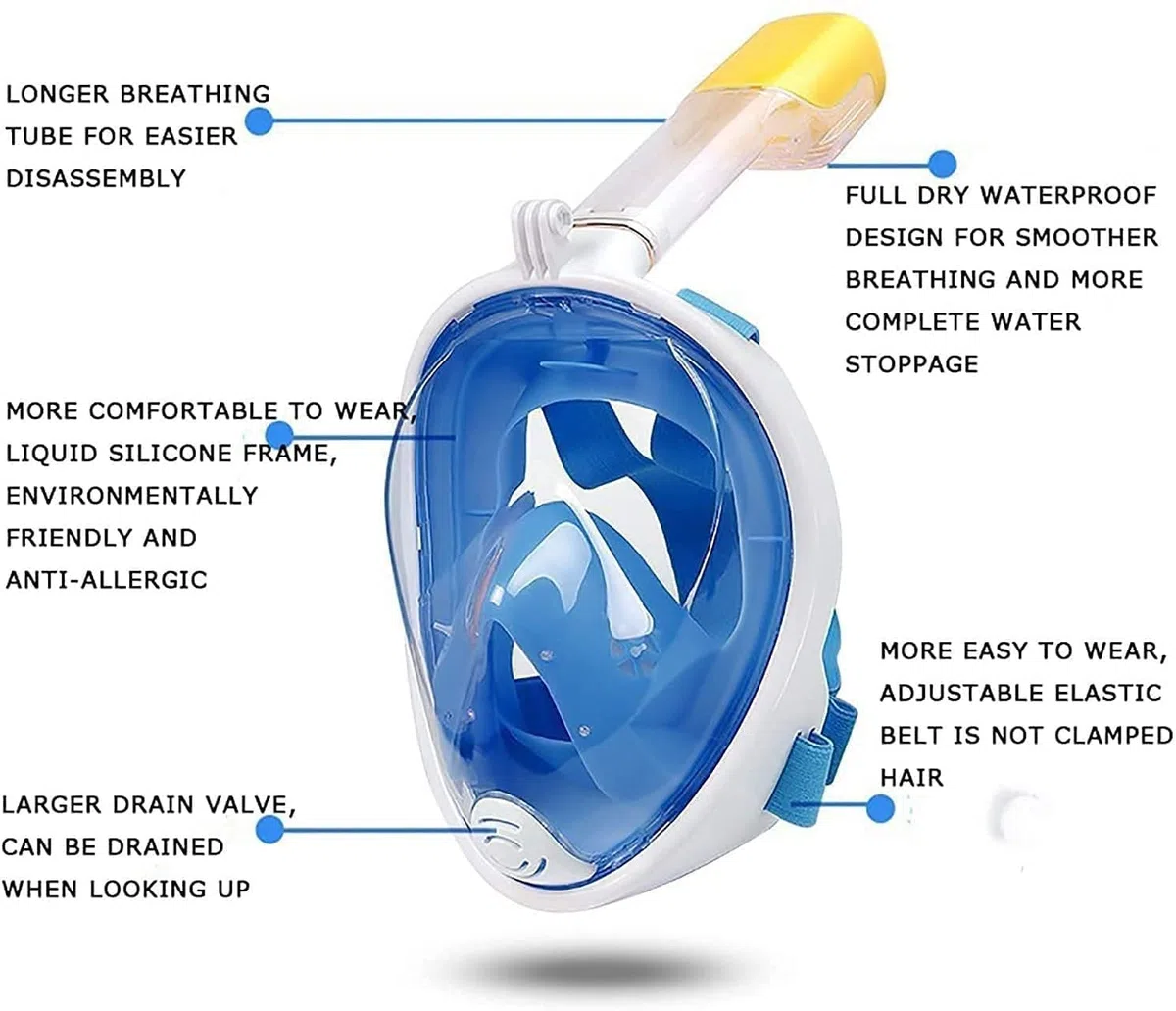 Maschere subacquee Maschera Subacquea antiappannamento Maschera Subacquea Integrale Set da Snorkeling con Anello Antiscivolo Boccaglio per Adulti e Bambini，