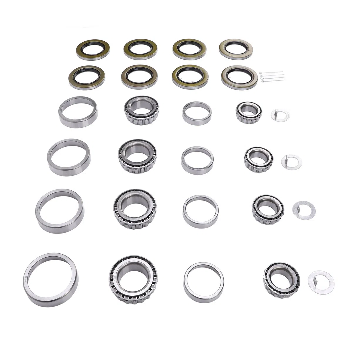Kit di cuscinetti per assale di rimorchio, 4 set, per mozzi ruota in lega d’acciaio da 6.000 a 7.000 libbre, con perni di sicurezza e guarnizioni a doppia labbra lubrificate;