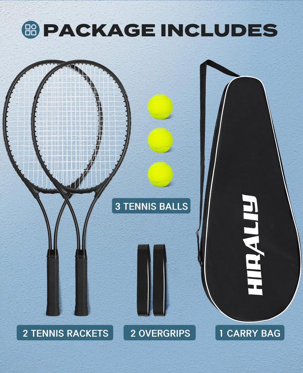 HIRALIY Confezione da 2 racchette da tennis per adulti principianti – Set di racchette da tennis in alluminio leggero da 68 cm, con 3 palline e borsa per il trasporto, smorzamento delle vibrazioni e