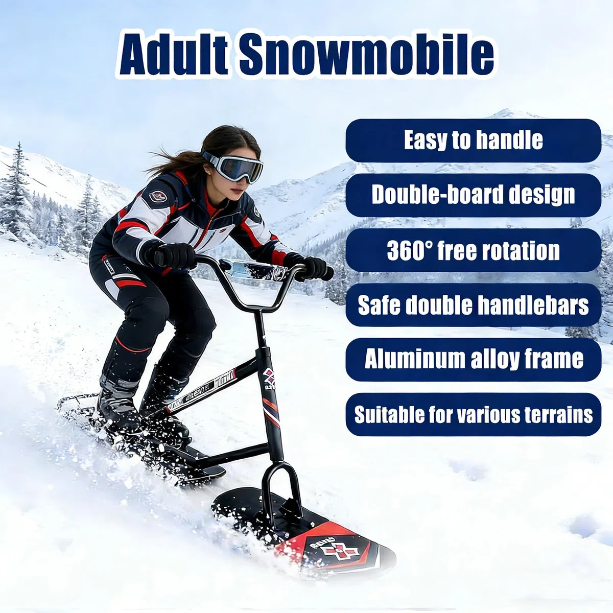 Monopattino da sci con sterzo girevole a 360°, sci da neve per tutti i terreni per bambini e adulti, telaio rinforzato, supporta fino a 100 kg, ideale per l'uso in backcountry