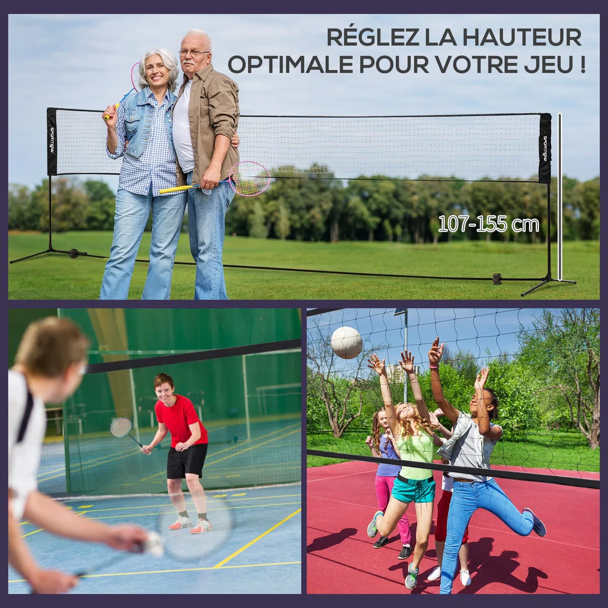 SPORTNOW Badminton - Set completo di 3 in 1, da calcio e pallavolo, giochi sportivi all'aperto con rete regolabile in altezza 107-155 cm