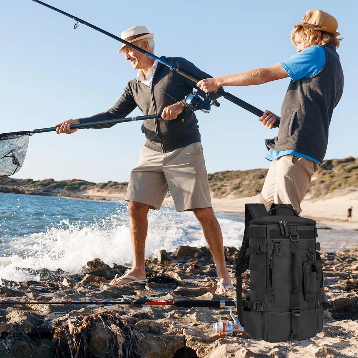 Zaino da pesca con supporto canna: 45 x 16 x 23 cm, impermeabile, per esterni, porta canna, nero, multifunzionale, militare, campeggio, sport all'aria aperta