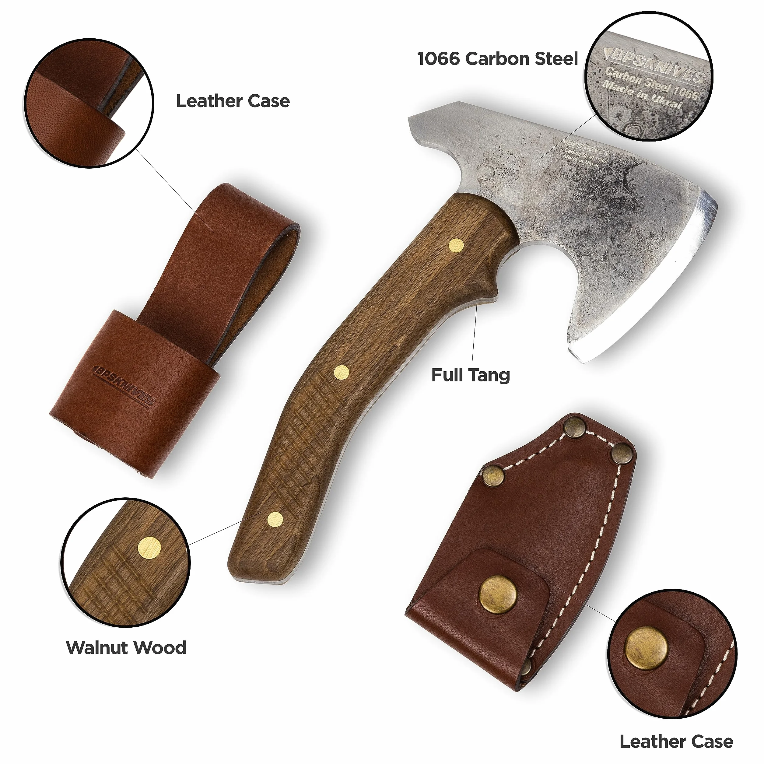 BPS Knives Ascia Bushcraft con Custodia in Pelle - Ascia da Campeggio a Piena Tang per Tagliare la Legna e per Giardinaggio - Accetta in Acciaio al Carbonio - Piccola Axe per Intaglio del Legno