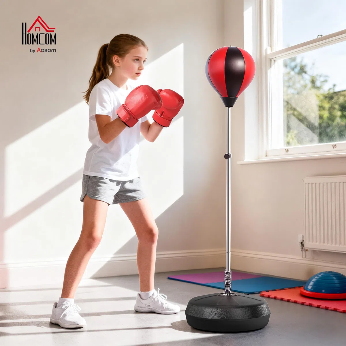 HOMCOM Set Punching Ball da Terra per Adolescenti con Guantoni e Pompa, Pungiball Boxe con Altezza Regolabile su 4 Livelli da 125-145 cm, Nero e Rosso