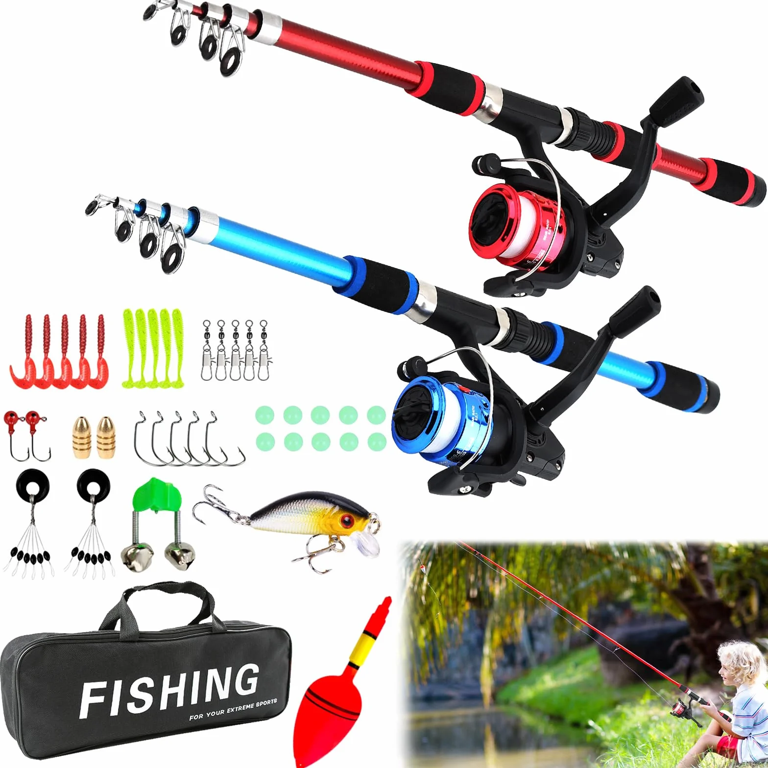 Set di canne da pesca per bambini, canne da pesca telescopiche, 180 cm, canna da pesca telescopica, canna da pesca e mulinello con esche per lenza, borsa per bambini e viaggi