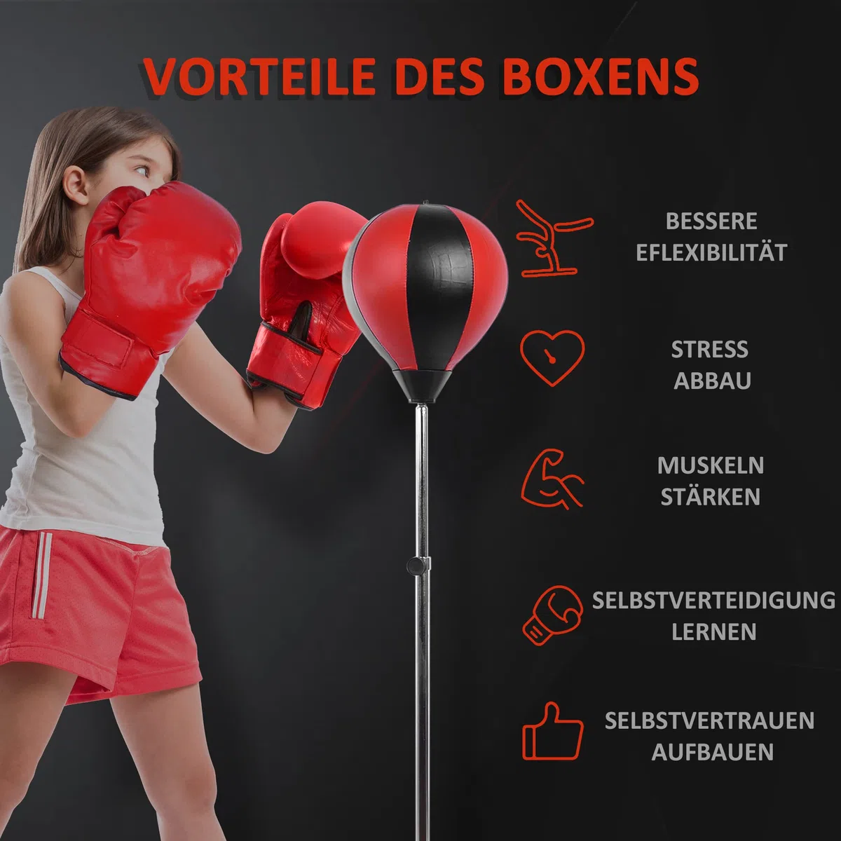 HOMCOM Set Punching Ball da Terra per Adolescenti con Guantoni e Pompa, Pungiball Boxe con Altezza Regolabile su 4 Livelli da 125-145 cm, Nero e Rosso