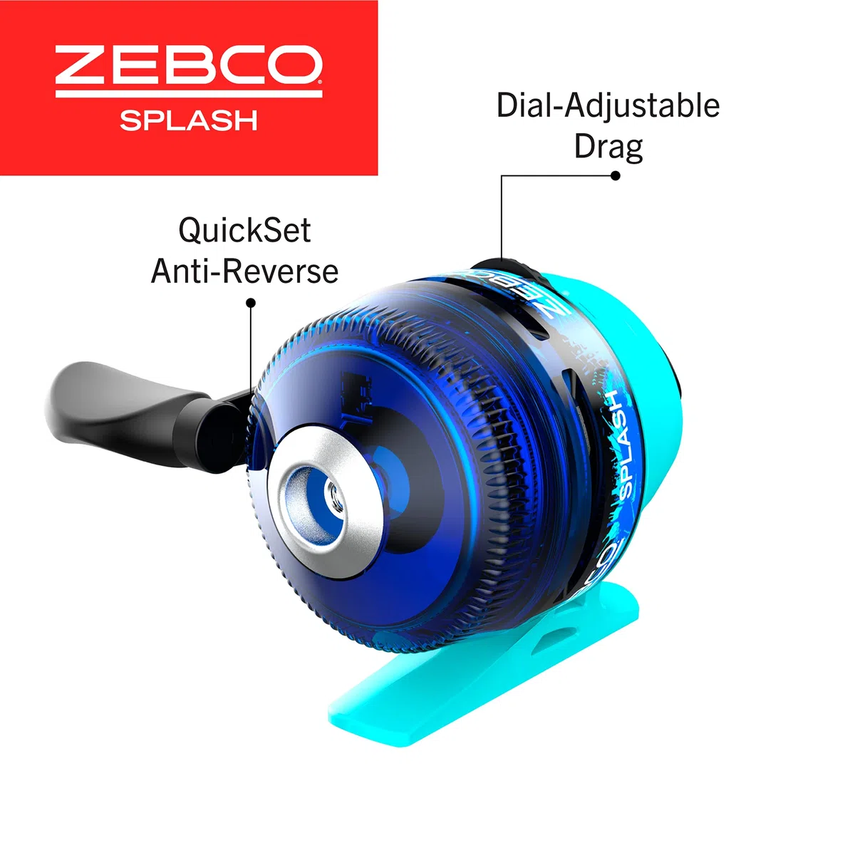 Zebco Kids Splash Jr. - Mulinello e canna da pesca combinata, canna da pesca da 1,2 m, 2 pezzi, misura 20, recupero mano destra, pre-bobinata con lenza Cajun da 2,7 kg