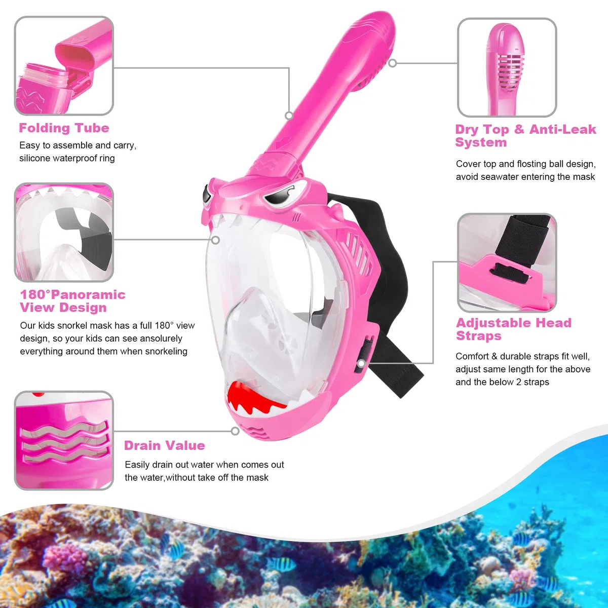 Zipoute Snorkel Full Face Snorkel Mask for Kids, Kids Snorkeling Set 180 Degree Panoramic View, Safe Anti-Leak Anti-Fog, Foldable Dry Top Snorkeling Gear for Kids Adult