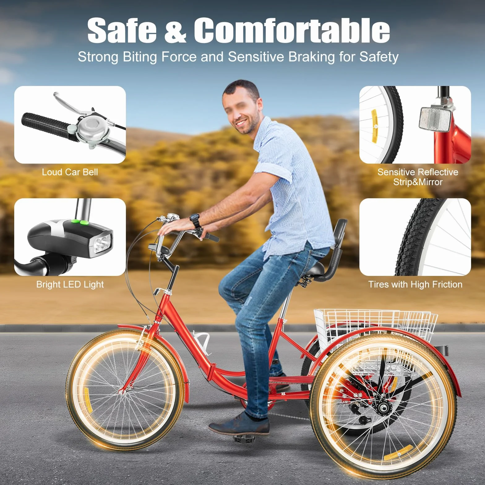 24 pollici, triciclo pieghevole, 7 marce, 3 ruote, con cestino della spesa e luce LED, bicicletta per adulti con portabottiglie e altezza regolabile