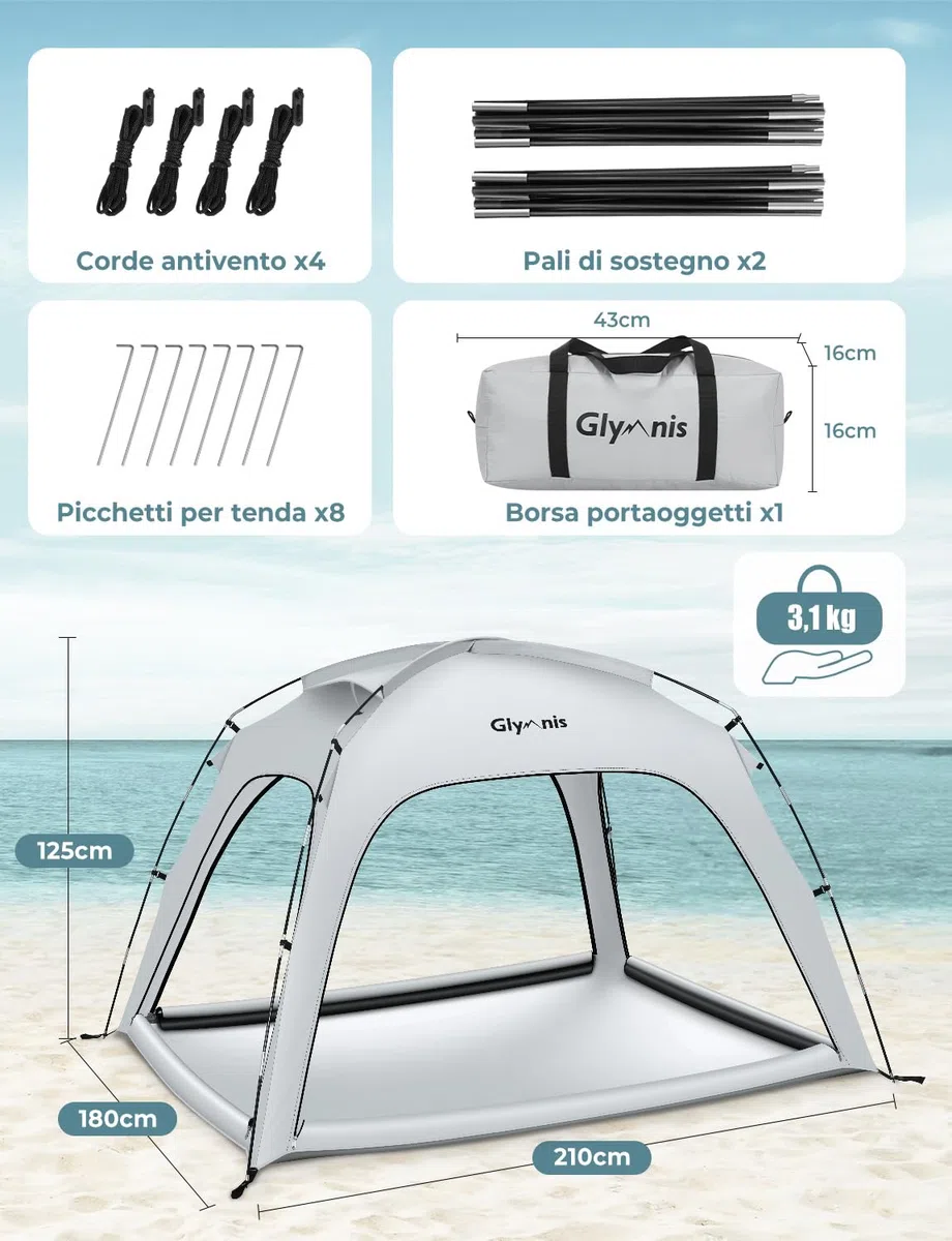 Glymnis Tenda da Spiaggia Grande Adatta a 3-4 Persone, Tenda da Spiaggia Portatile con Cerniera, Leggera Tenda Sole Spiaggia con Dimensioni di 220 x 180 x 125 cm, Facile da Montare, UPF 50+
