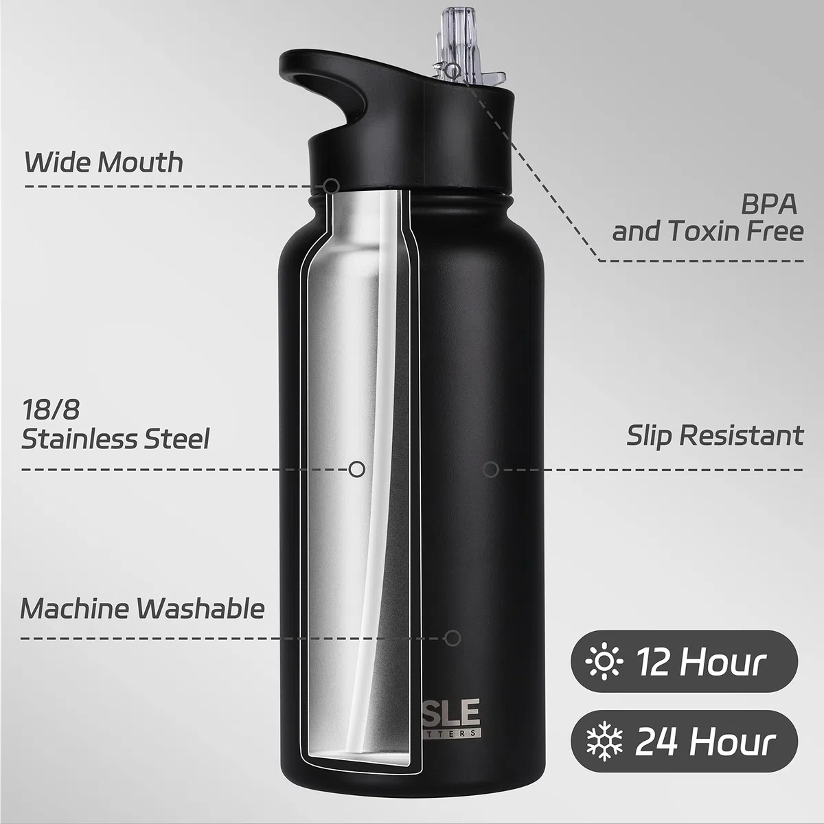 HASLE OUTFITTERS Borraccia termica in acciaio inox, a doppia parete, per sport, con 2 coperchi (cannuccia e beccuccio), per palestra, campeggio, escursionismo, 907,2 g (nero, 1)