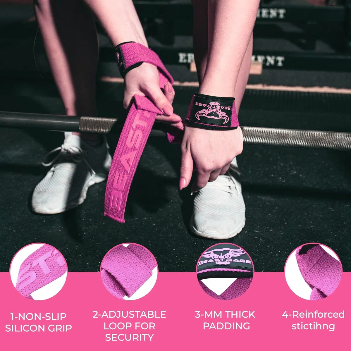BEAST RAGE Polsiere Palestra Sollevamento Fasce da Polso Cinghie Donna & Uomo Polsini Palestra Per Gym Bodybuilding Crossfit Calistenics,Polsini, bendaggi per il polso (Rosa T)