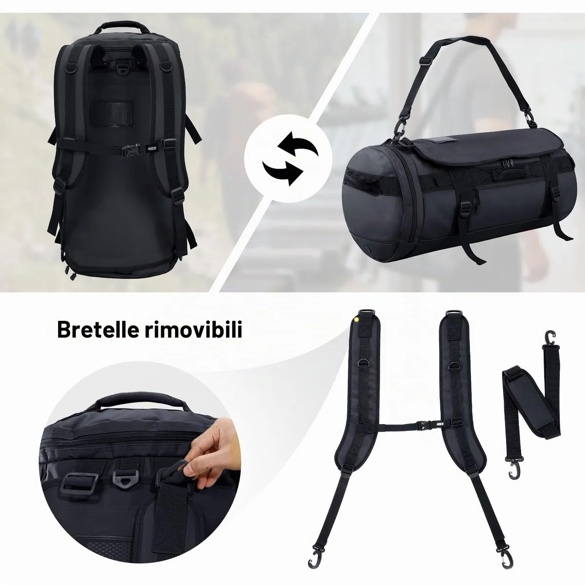 MIER Grande borsone sportivo da palestra con scomparto per scarpe, resistente e impermeabile, nero, 45L/60L/90L