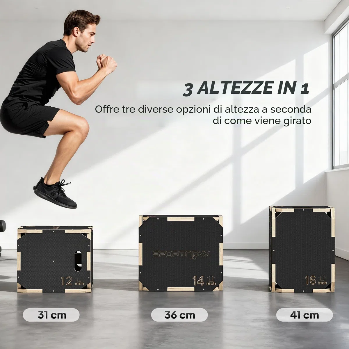 SPORTNOW Cassetto pliometrico in legno 3 in 1, piattaforma in scatola pliometrica con 3 altezze regolabili, manici, senza angoli, allenamento di salto, forza, per casa, palestra ed esterno