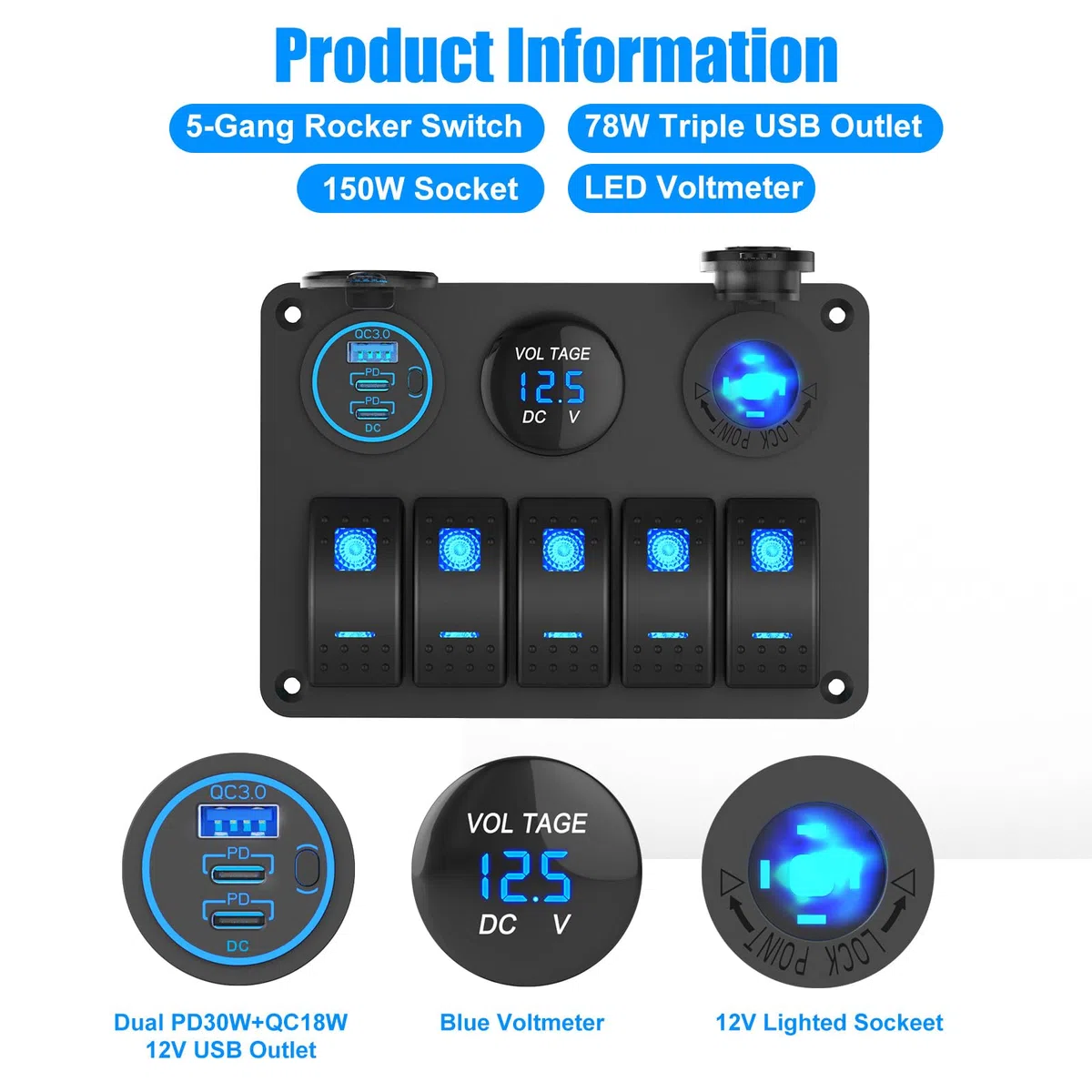 Pannello interruttore barca marina impermeabile, Interruttore a bilanciere a 5 canali Caricabatterie in alluminio con 3 porte Uscita USB 66W 12V, Presa accendisigari 150W e voltmetro per camion, auto